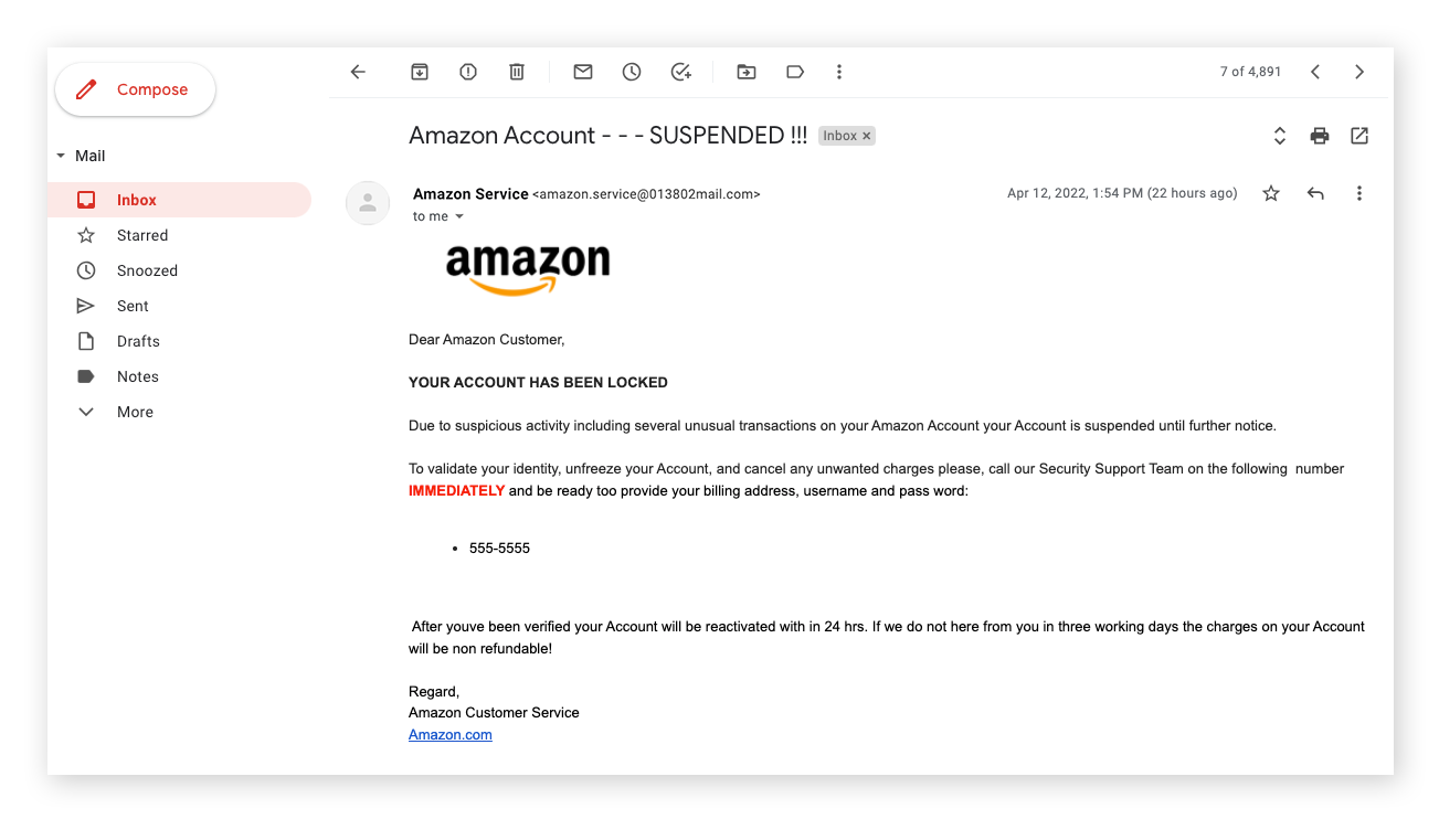 Phishing email impersonating Amazon